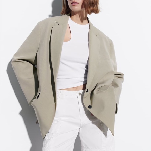 Zara Taupe Gray Oversized Vented Linen Blend Blazer - Picture 10 of 16